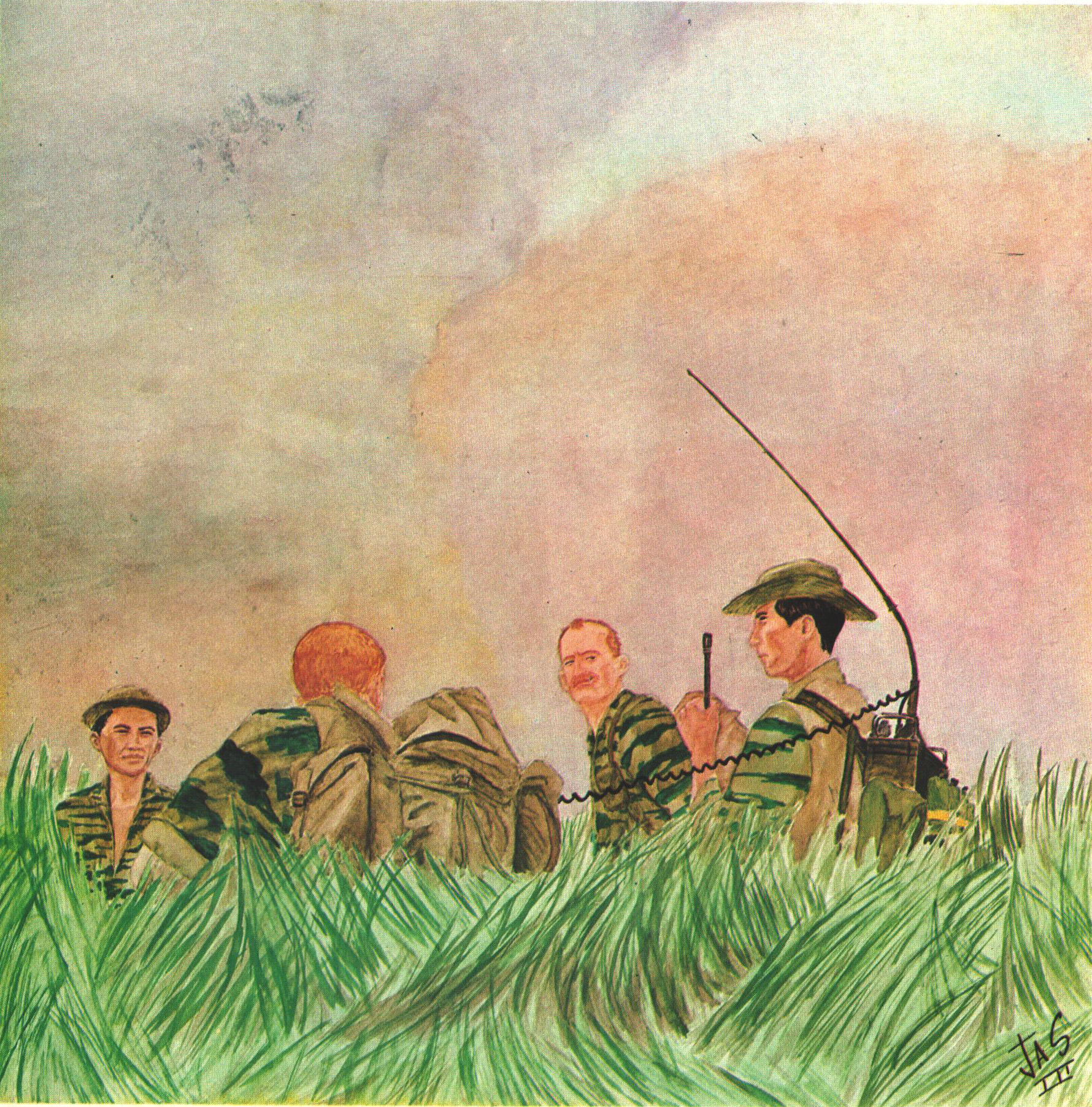 A painting of Green Berets and Vietnamese civilian irregulars taking a break amidst the firefight.