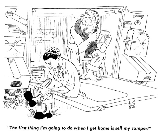A cartoon of two soldiers sitting on the back platform of an armored personnel carrier in the morning