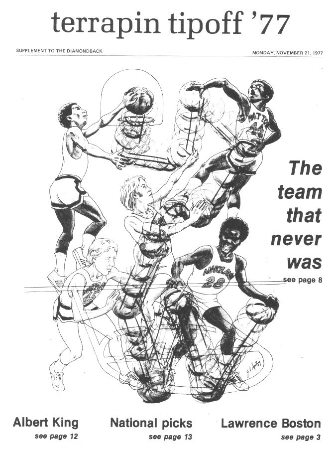 A drawing of five basketball players who were almost recruited by the University of Maryland basketball team.