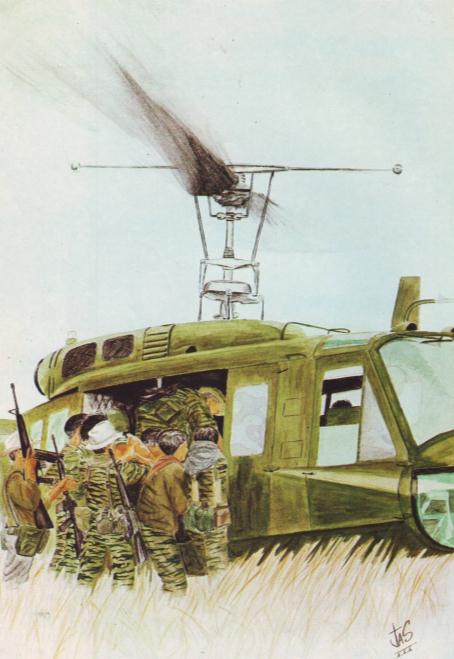 a painting of Vietnamese civilian irregulars clambering into a helicopter after a fire fight.