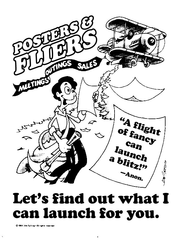 A cartoon for a post card advertising posters and fliers.