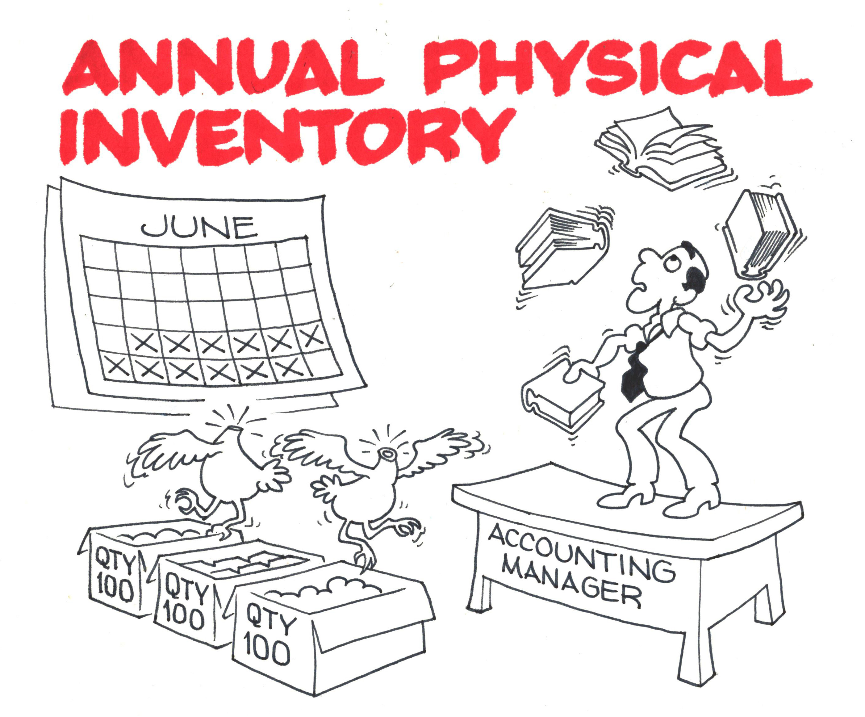 Cartoon of an accounting manager juggling books during physical inventory.